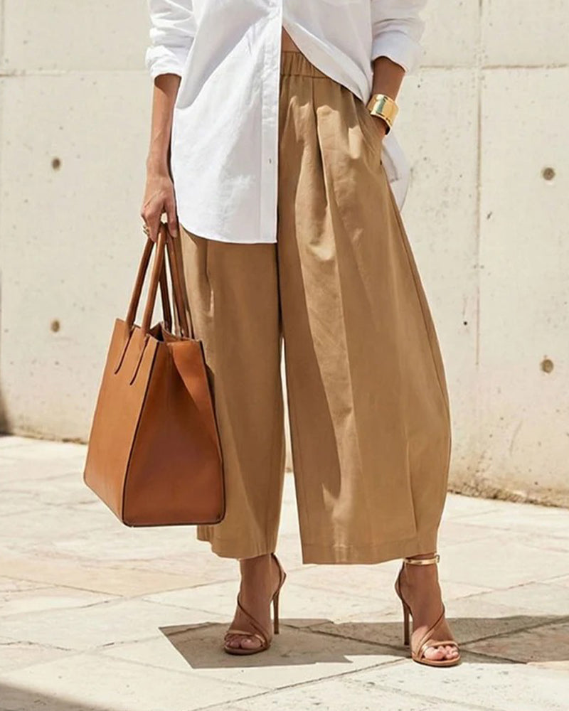 Hose Unifarben Elastischer Bund Tulpen-Saum Cropped