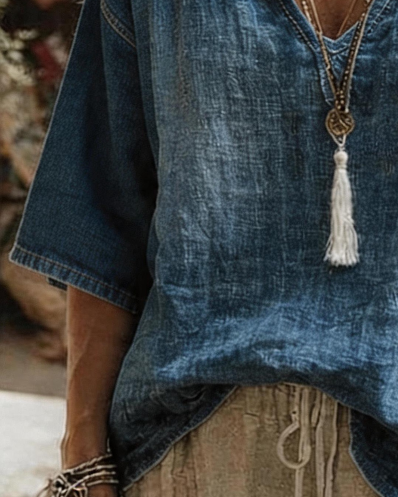 Top V-Ausschnitt Denim Halb Ärmel