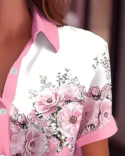 Bluse Revers Blumenmuster Kurzarm