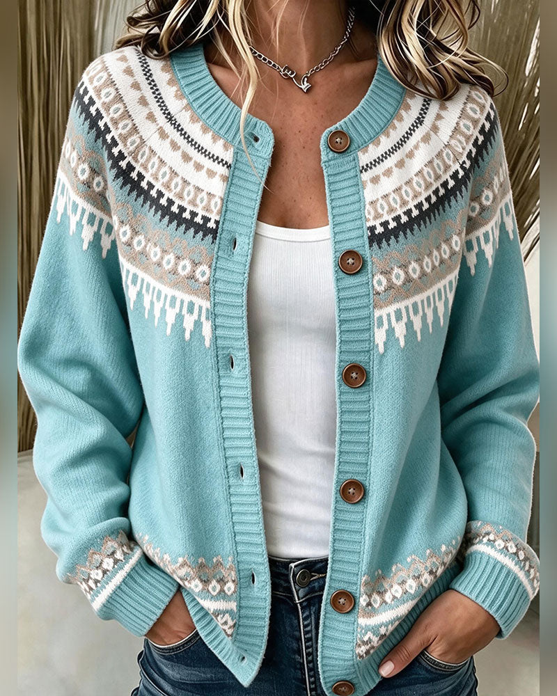 Bedruckte Strickjacke Mit Langen Ärmeln Und Knopfleiste