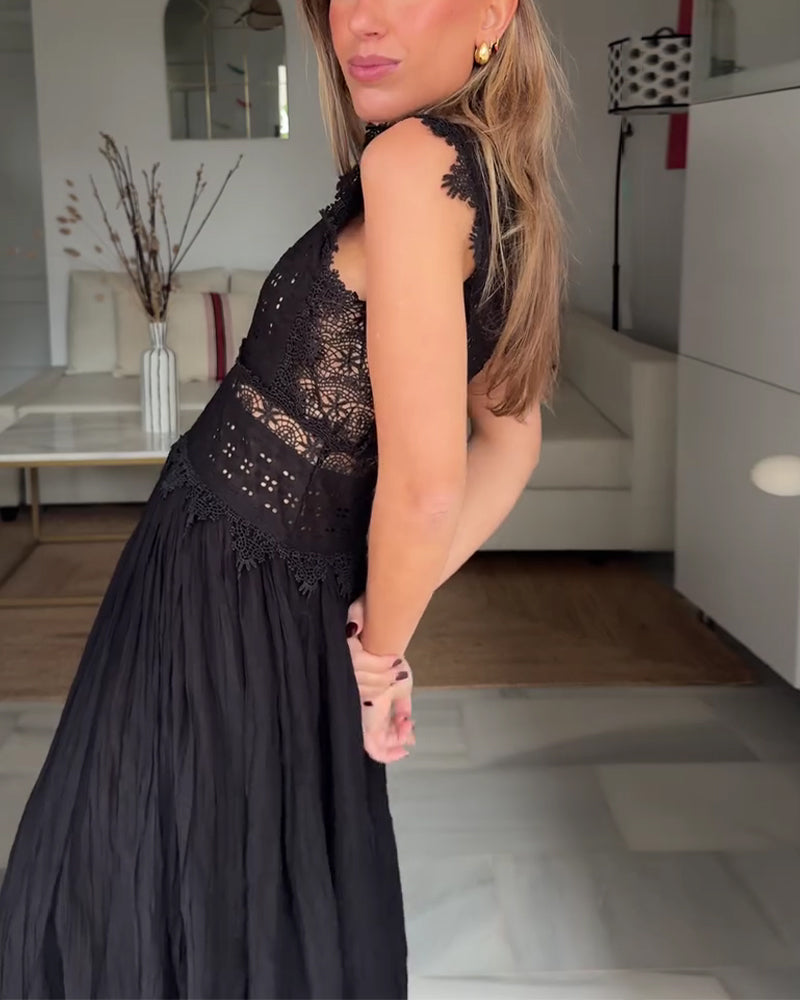 Kleid Spitze Tief V-Ausschnitt Halterneck Lang