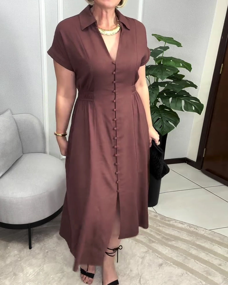 Kleid Unifarben Knopfleiste Taille