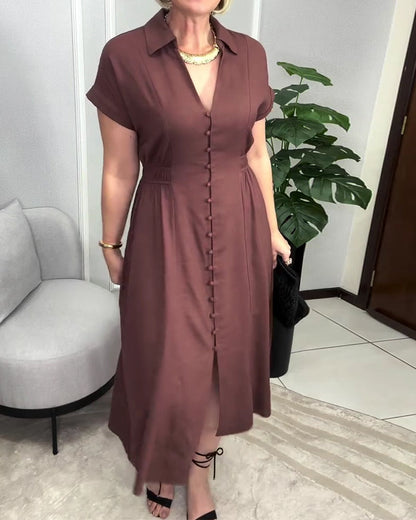 Kleid Unifarben Knopfleiste Taille