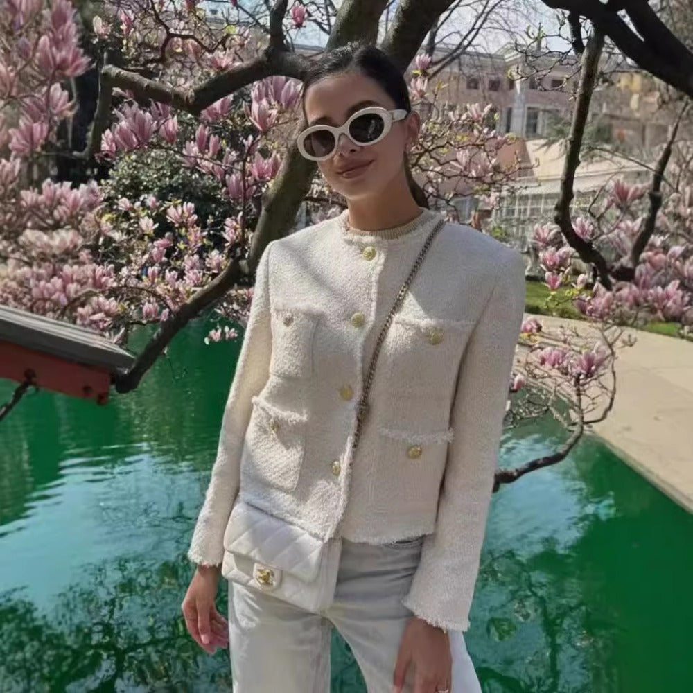 Tweed Button Up Long Sleeve Jacket for Women - Gianna