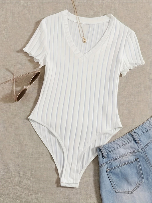 White ribbed V-neck shirt - Hanna