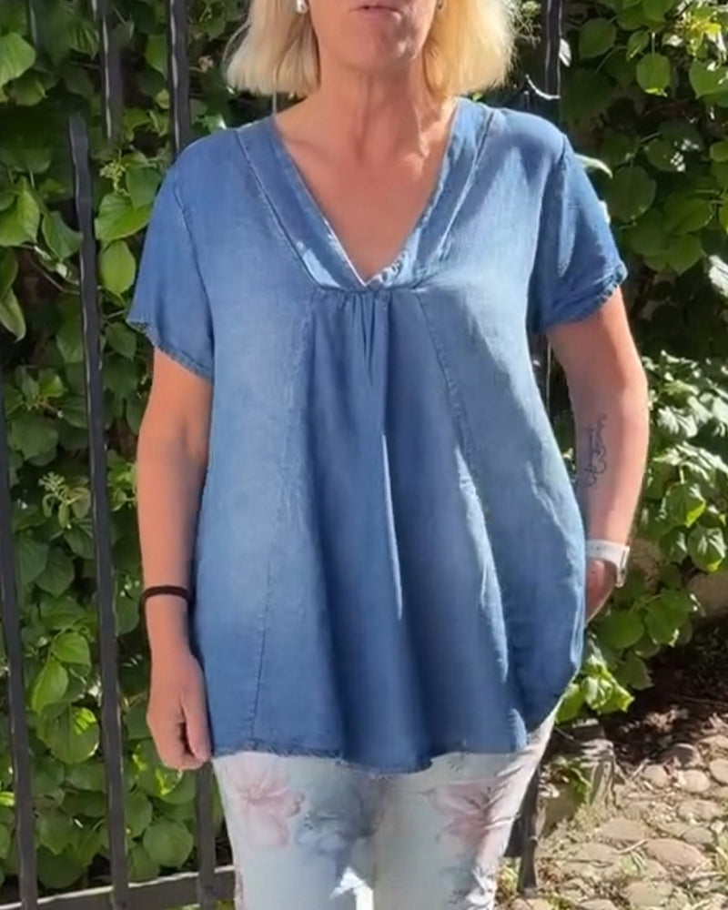 Bluse locker geschnitten V-Ausschnitt Denim