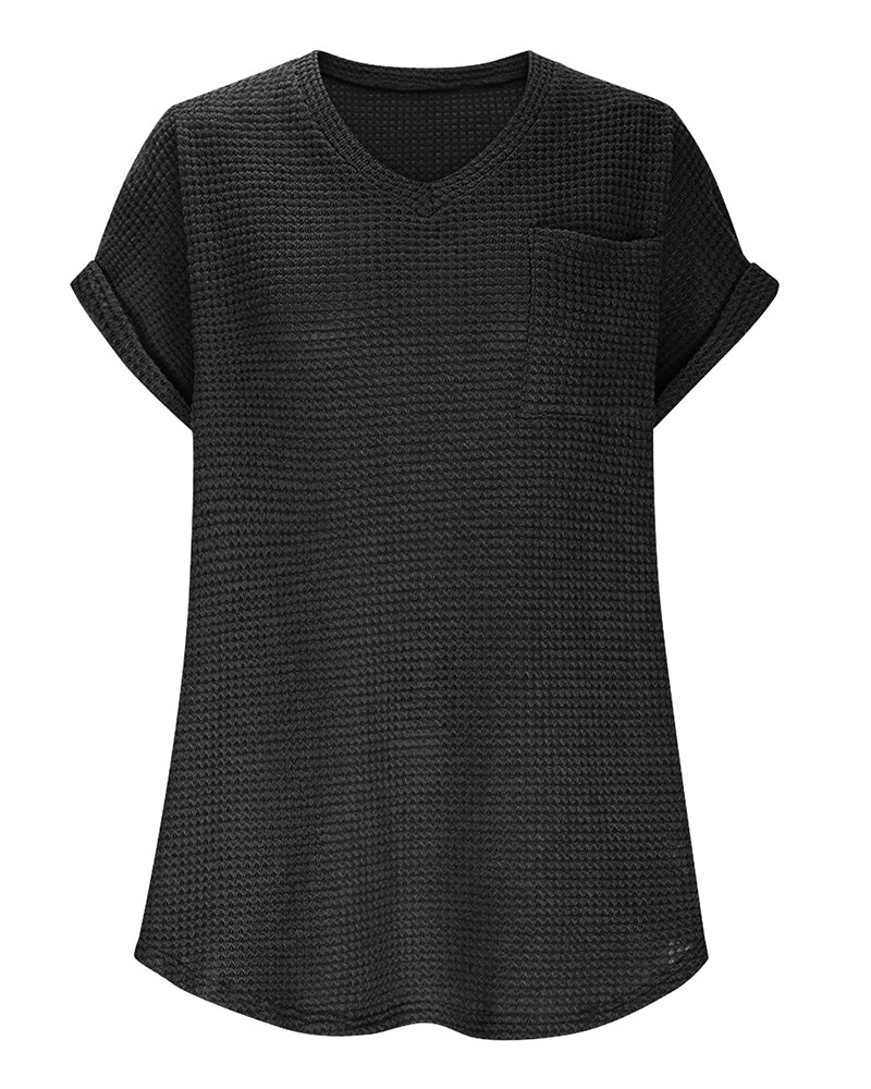 T-Shirt Damen Waffelstrick V-Ausschnitt Lässig Sommer