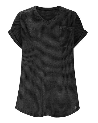 T-Shirt Damen Waffelstrick V-Ausschnitt Lässig Sommer
