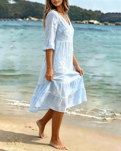 Kleid Blumig V-Ausschnitt Halbarm
