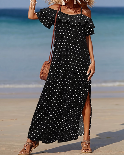 Langes Kleid Dünner Träger Cold Shoulder Tupfen