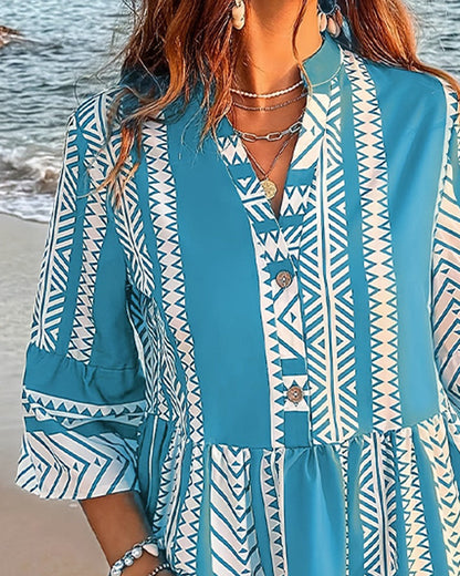 Kleid Stehkragen Geometrischer Druck