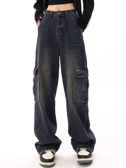 Punk High Waist Geradem Bein Cargo Jeans