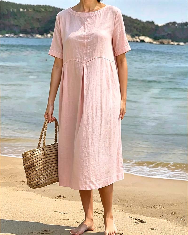 Kleid Rundhalsausschnitt Kurzarm Einfarbig Entspannt