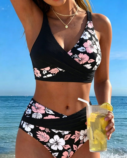 Bikini Gekreuzt Gerippt Blumig