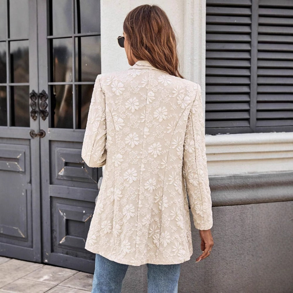 Beige Floral Embroidered Long Sleeve Blazer Jacket for Women - Morena