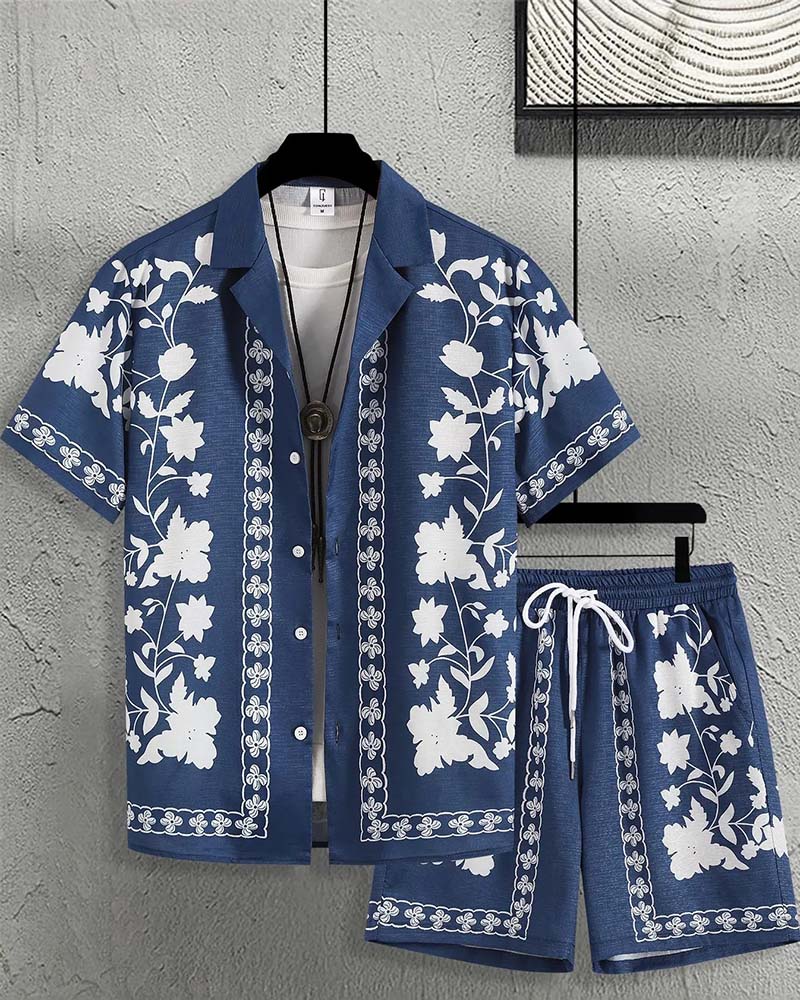 Herren Set Blaues Porzellan Knopfleiste Kurzarm