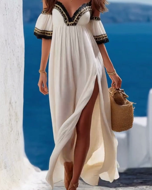 Kleid Stark verziert bestickt Off-Shoulder Schlitz Urlaub