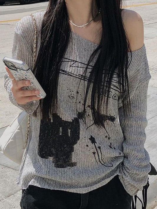 Graues Y2k Katzen Off Shoulder Oversized Langarm T-Shirt