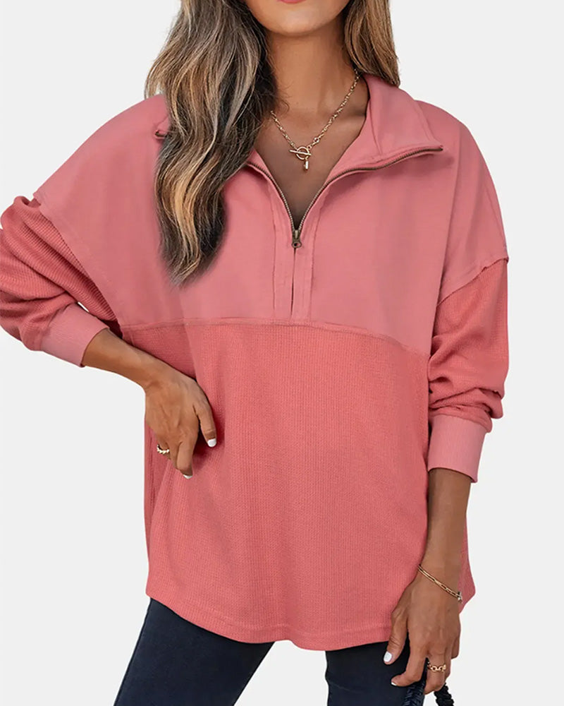 Sweatshirt Halber Reißverschluss Waffel Patchwork