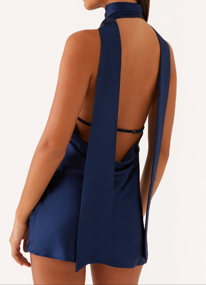Genoa Satin Neckholder Minikleid – Marineblau