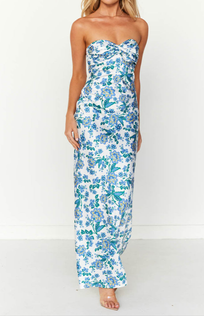 Ariana Blue Floral Print Formal Maxi Dress 