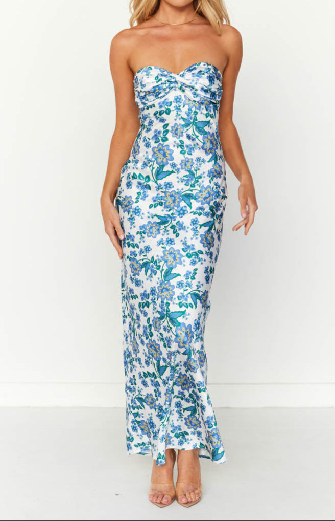 Ariana Blue Floral Print Formal Maxi Dress 