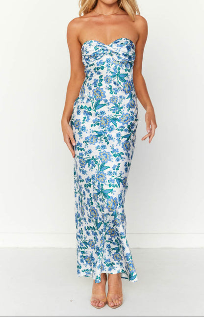 Ariana Blue Floral Print Formal Maxi Dress 