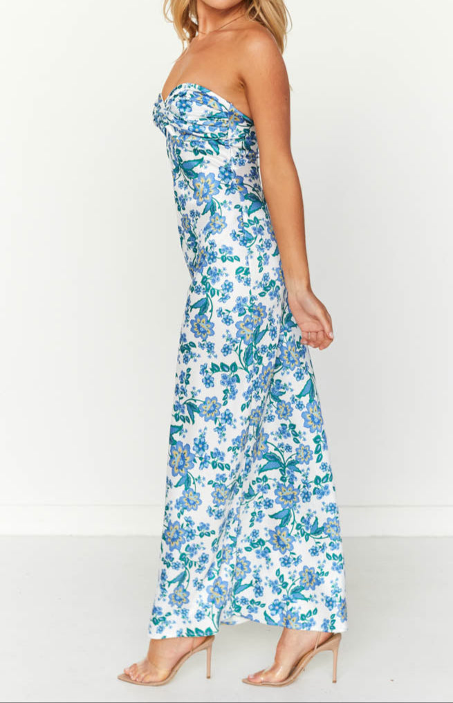 Ariana Blue Floral Print Formal Maxi Dress 
