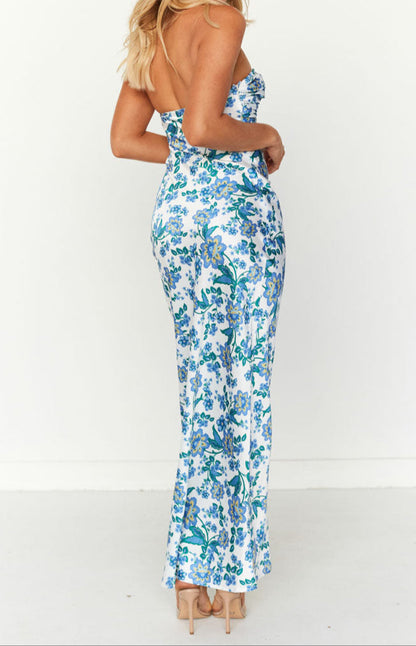 Ariana Blue Floral Print Formal Maxi Dress 