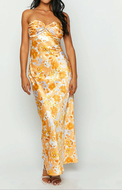 Armani Maxi Evening Dress in Orange with Floral Print