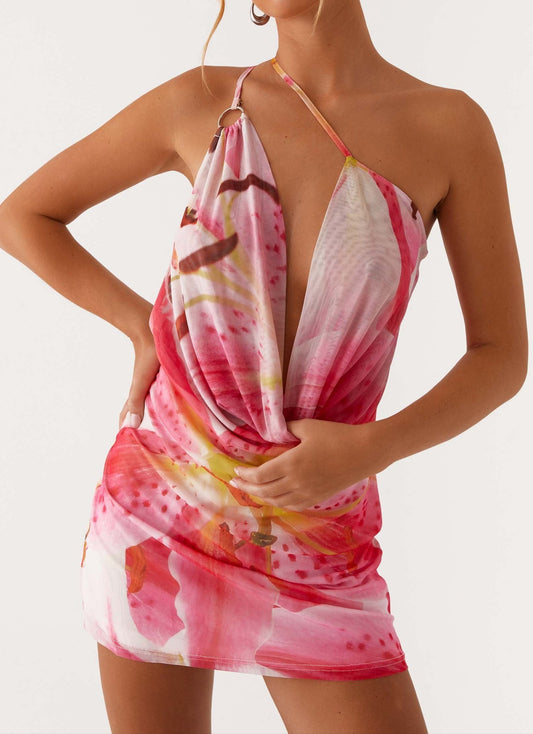 Danna Mesh Minikleid – Weiß Rosa Lilie