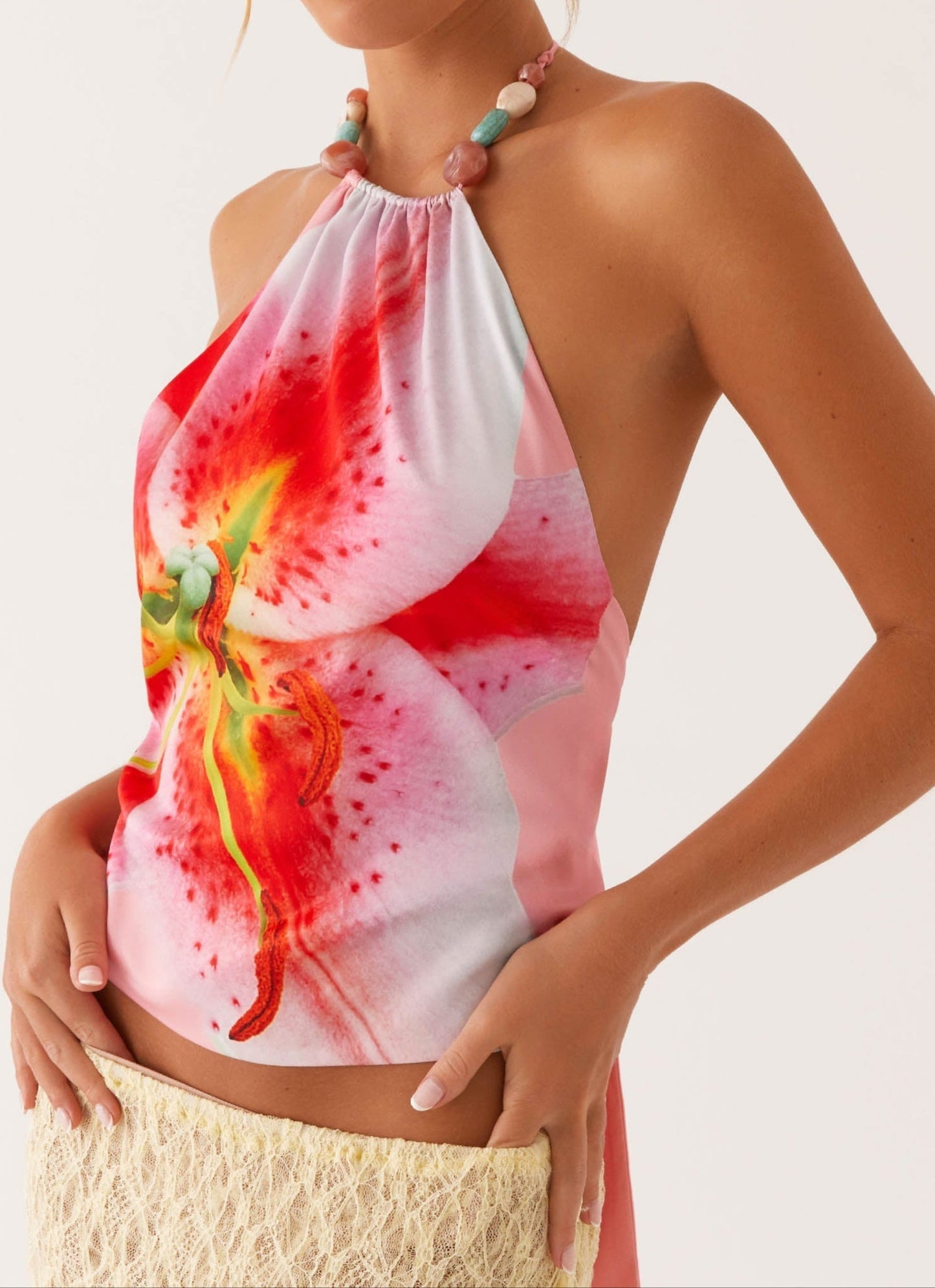 Rina Perlen Top mit Rückenschnürung – Pink Lily