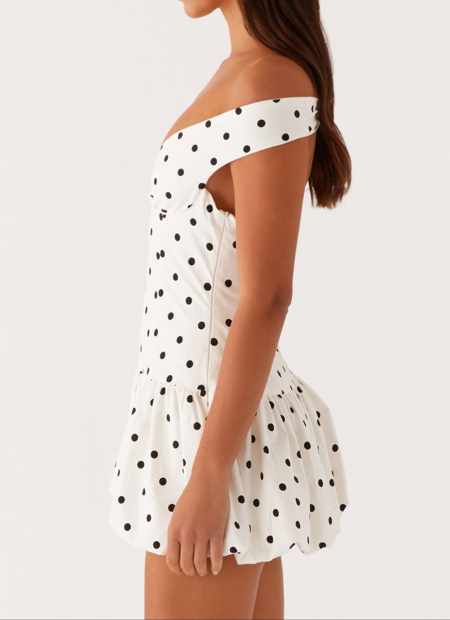 Analia Off Shoulder Mini Dress in White with Polka Dots