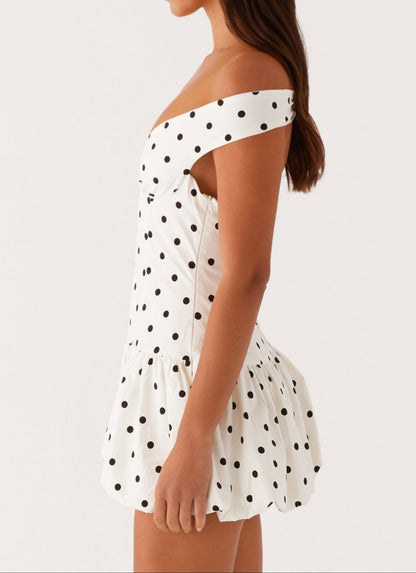 Analia Off Shoulder Mini Dress in White with Polka Dots