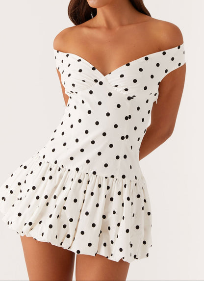 Analia Off Shoulder Mini Dress in White with Polka Dots