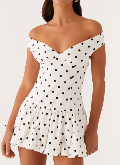 Analia Off Shoulder Mini Dress in White with Polka Dots