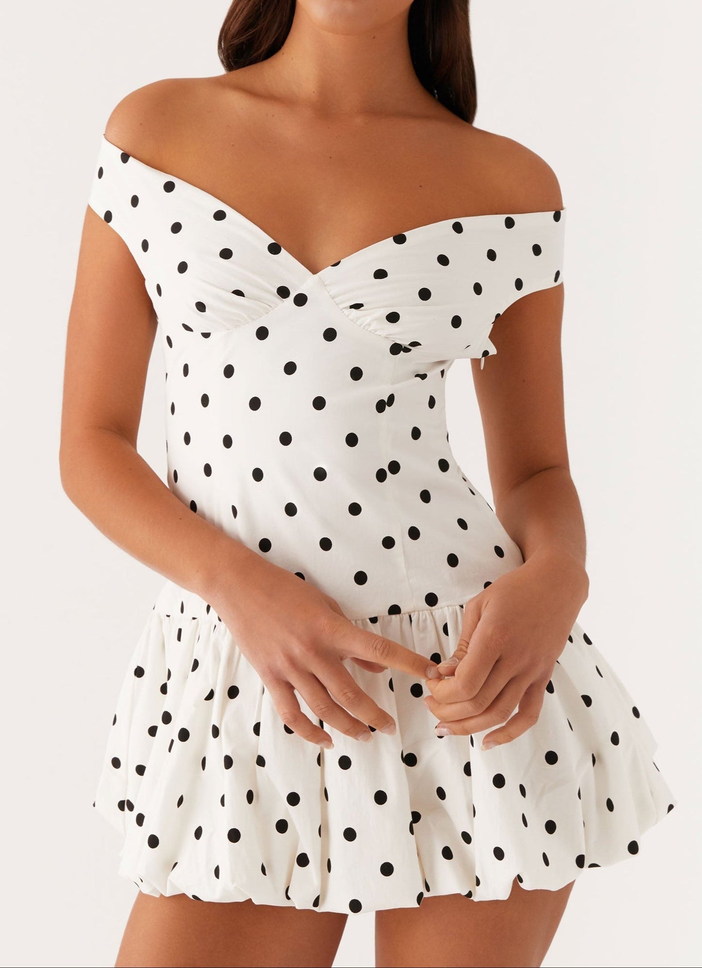 Analia Off Shoulder Mini Dress in White with Polka Dots