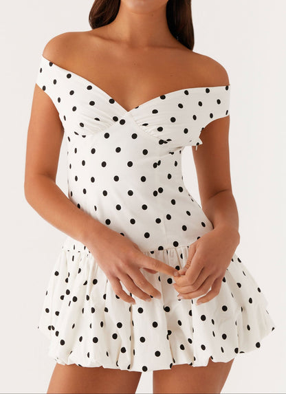 Analia Off Shoulder Mini Dress in White with Polka Dots