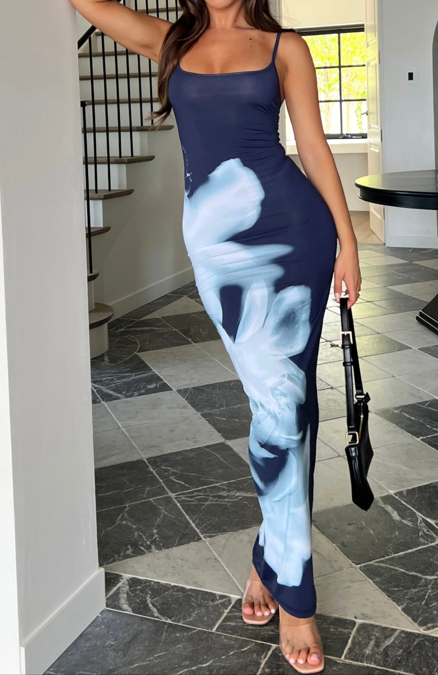 Miranda Maxikleid Graustufen-Blumenmuster