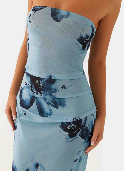 Robe longue Massima – Bleu-noir à imprimé floral