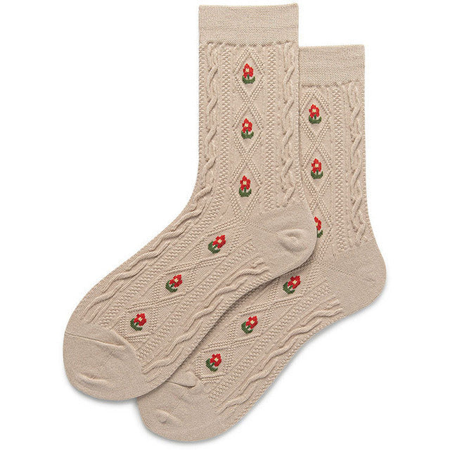 Vintage Floral Gestrickte Socken Khaki