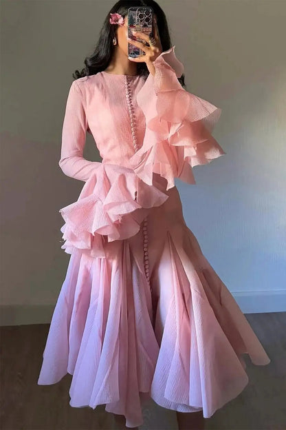 Blush Pink Ruffled Mini Dress with Button Detail for Women - Alessia