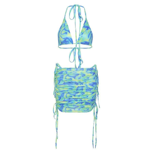 Fiona – Hypnotisches Wellenmuster Bikini-Set in Aqua-Blau