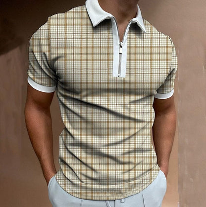 Checked polo shirt in beige with zip collar - Leonard