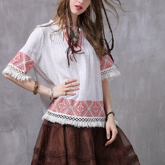 Neu V-Ausschnitt Lose Stickerei Blusas