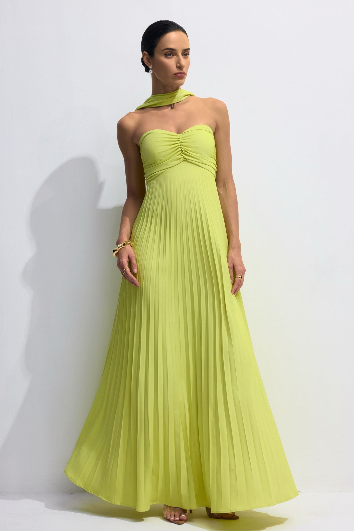 Lime Green Pleated Maxi Dress with Halter Neck for Women - Sabina
