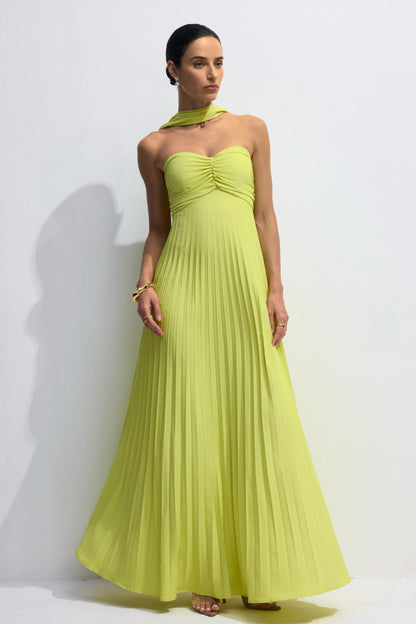 Lime Green Pleated Maxi Dress with Halter Neck for Women - Sabina