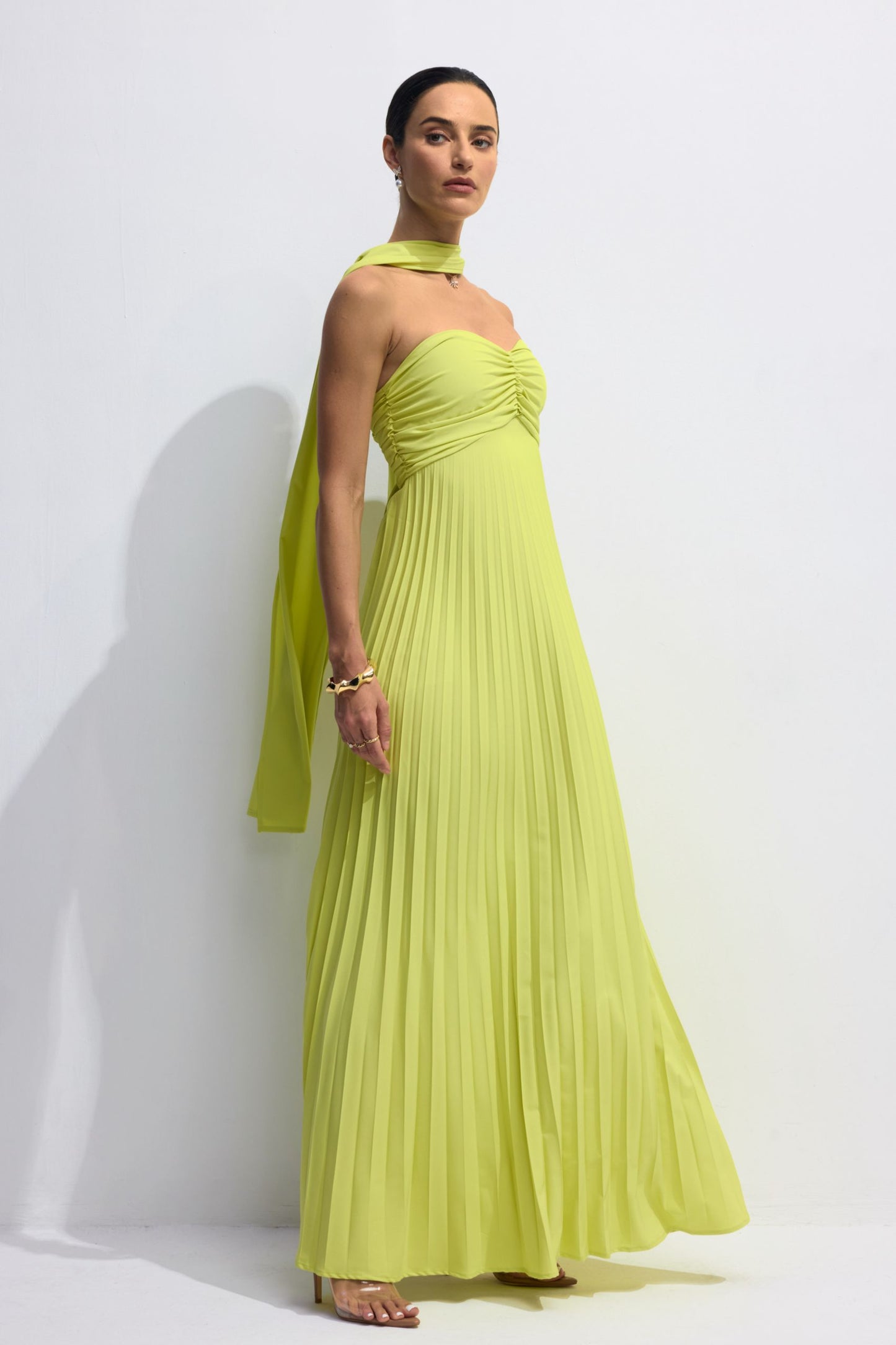 Lime Green Pleated Maxi Dress with Halter Neck for Women - Sabina