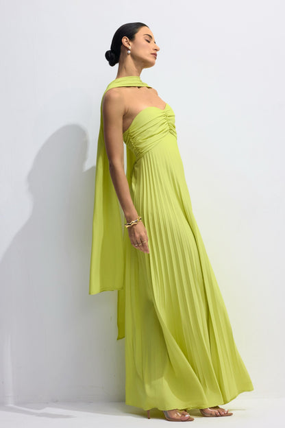 Lime Green Pleated Maxi Dress with Halter Neck for Women - Sabina
