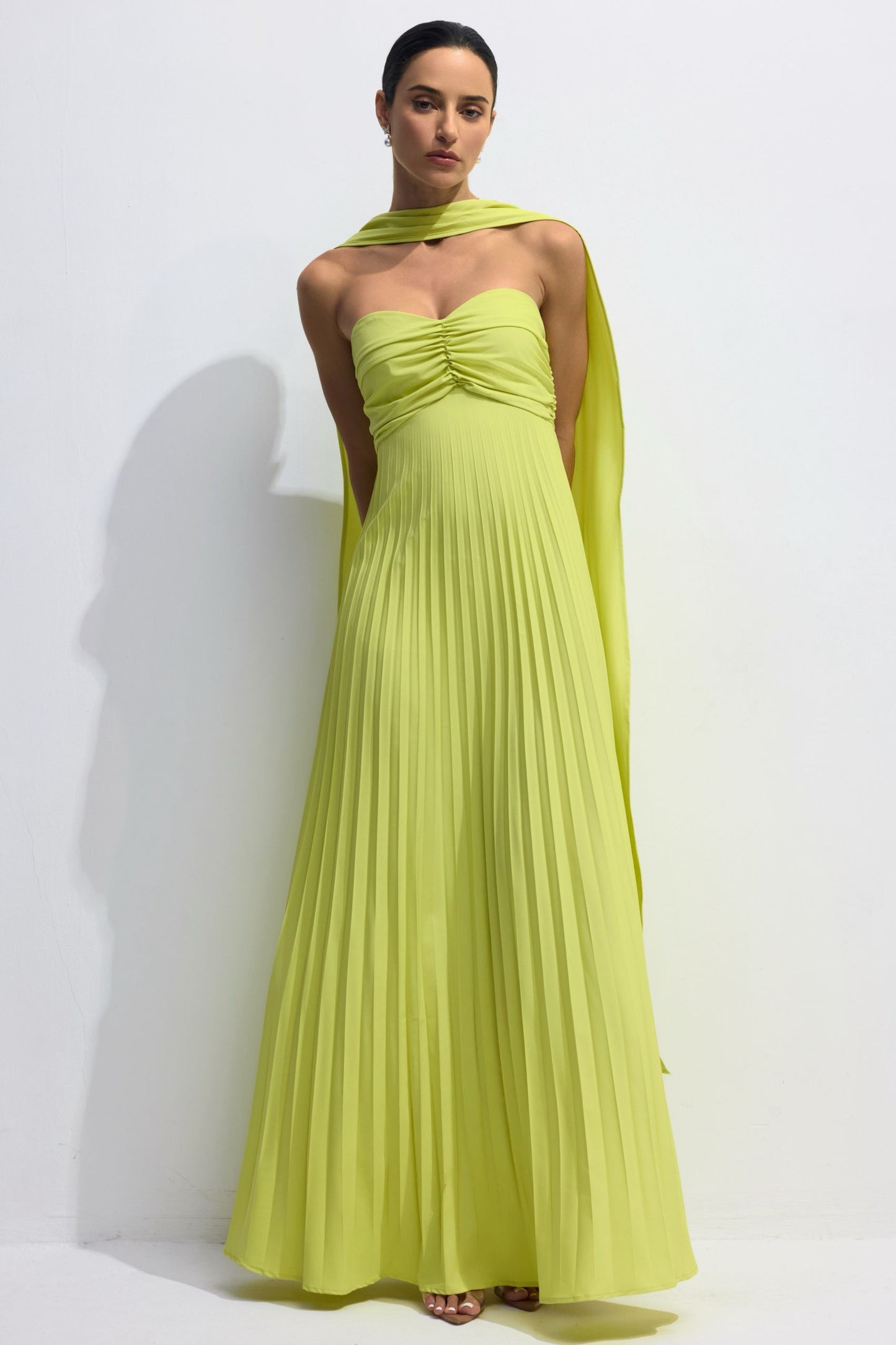 Lime Green Pleated Maxi Dress with Halter Neck for Women - Sabina